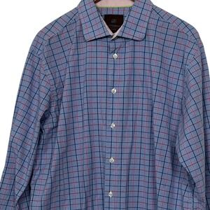 Tattersall London Men's Dress Shirt 17.5 34/35 Blue Pink Plaid Button Front